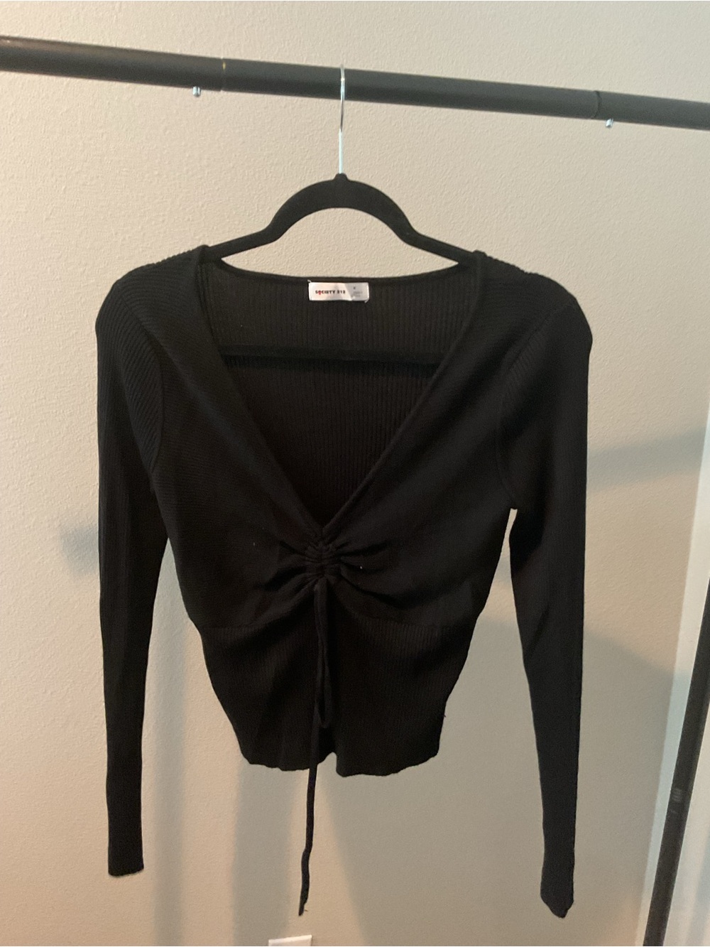 Society Black Ribbed V-Neck Front-Tie Long Sleeve Top